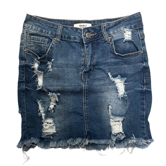 Forever 21 Women’s Distressed Denim Mini Skirt Size 27 Blue Raw Hem Ripped Y2K - Picture 1 of 10